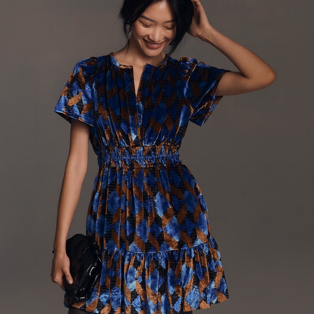 Anthropologie Somerset Mini Dress Velvet Geometric Blue Rust Motif Size Small - Picture 3 of 11